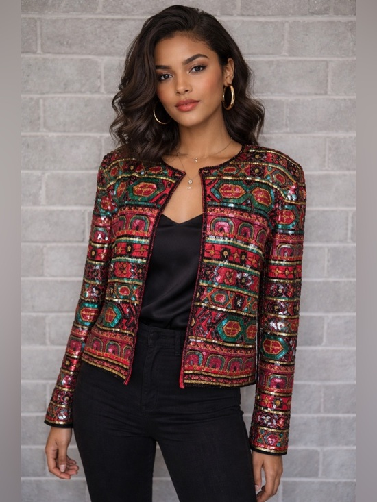 Papell Boutique Jackets & Blazers - Vintage Papell Boutique Evening Beaded Sequin Jacket Bolero Red Art Deco Glam